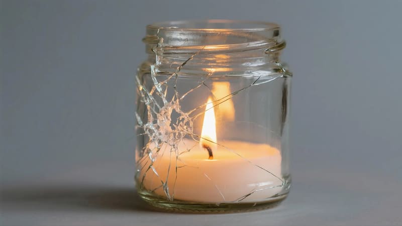 a cracked glass jar from candle heat, illustrating a safety hazard