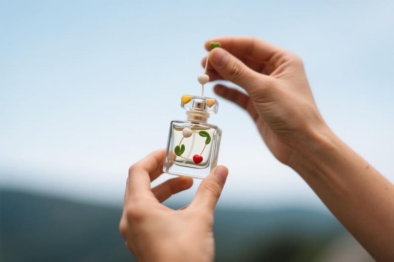 a person creatively repurposing an empty perfume bottle