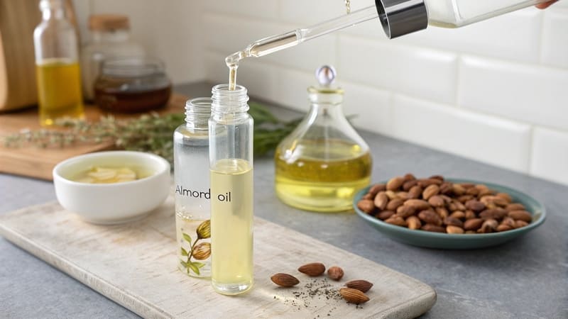 almond oil being poured into a plastic travel bottle