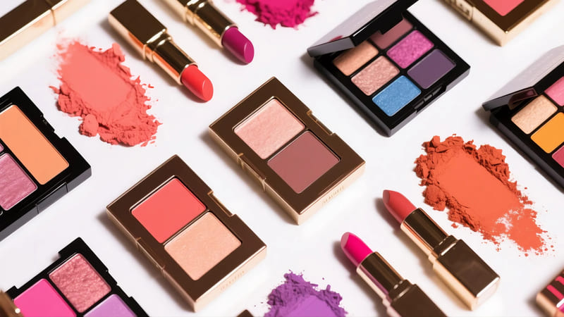 array of colorful cosmetic products like eyeshadows and lipsticks showing pigment use