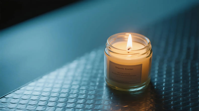 candle burning safely in a glass jar on a heat-resistant surface
