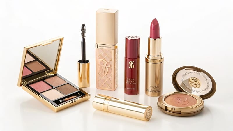collection of makeup products from various luxurious brands