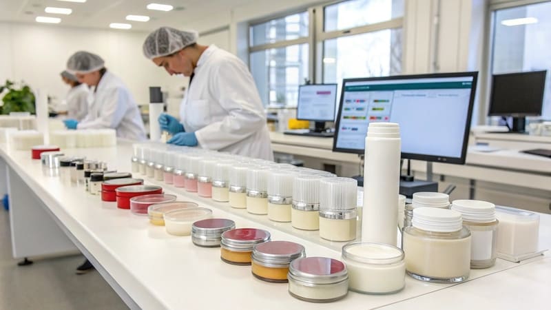 side-by-side comparison of cosmetic cream in different jars during compatibility testing