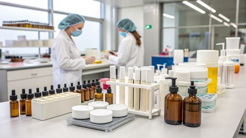 cosmetic products in various packaging undergoing testing in a lab