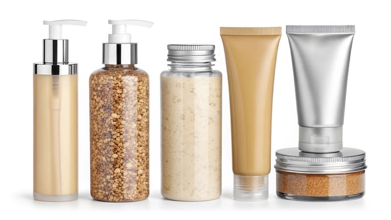 different cosmetic packaging materials like plastic, glass, and metal