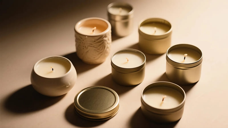 different types of candle containers including ceramic and metal tins