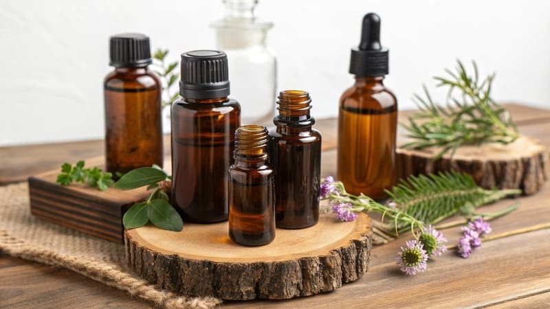 essential oils in dark amber glass bottles