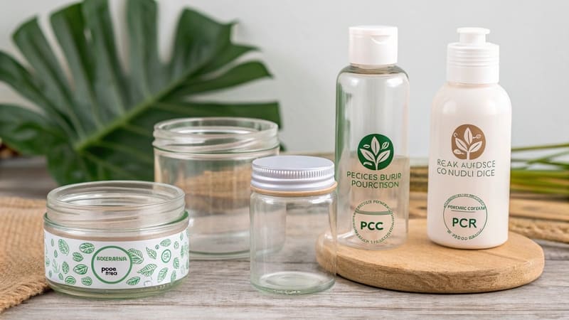 examples of sustainable cosmetic packaging like refillable jars and PCR plastic bottles