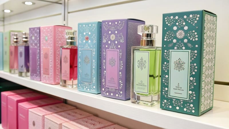 perfume boxes in various colors