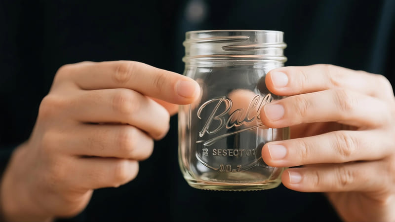 person examining a glass jar for heat resistance markings