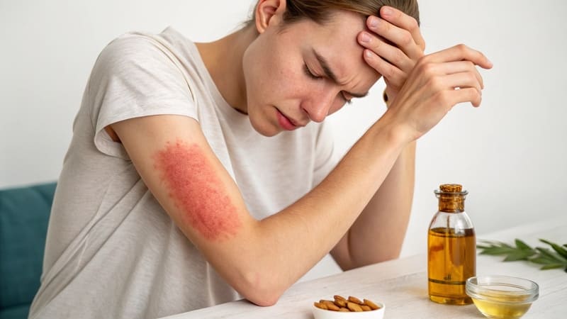 person with skin irritation, possibly from almond oil
