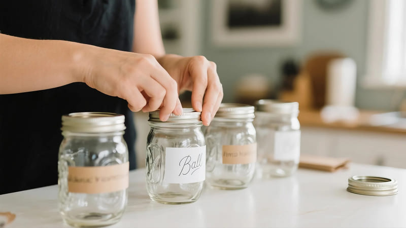 DIY labels being applied to glass jars at home