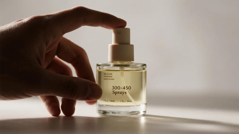 a 1 fl oz / 30ml perfume bottle with an icon indicating '300-450 Sprays'