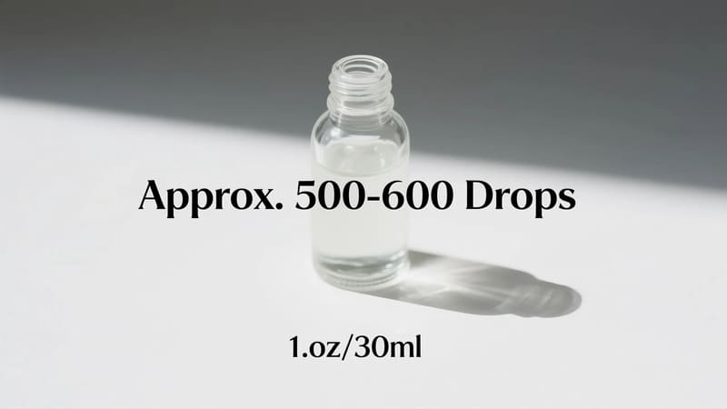 a 1 oz (30ml) essential oil bottle with a text overlay showing 'Approx. 500-600 Drops'
