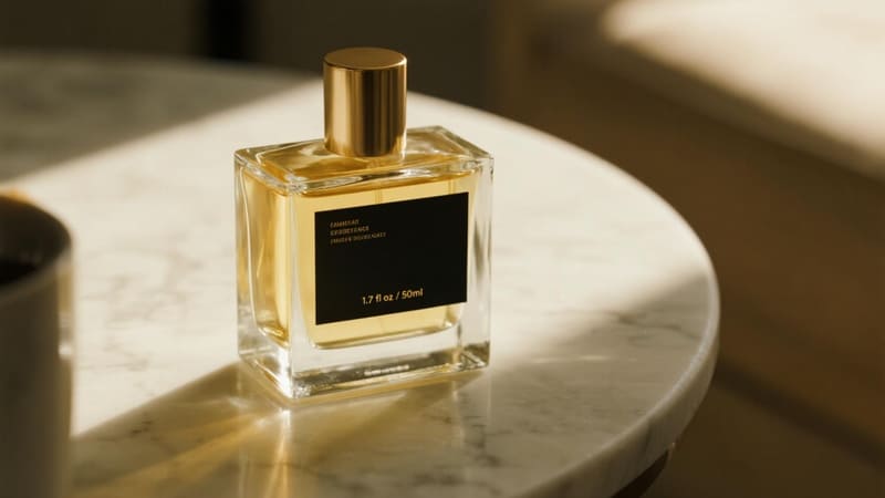 a 1.7 fl oz / 50ml perfume bottle, perhaps with a ruler for scale or next to other common objects