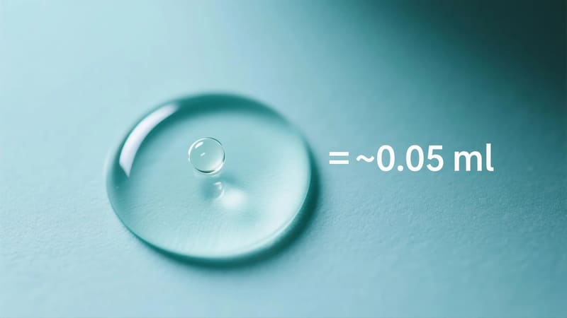 a single drop of essential oil next to a text overlay showing '= ~0.05 ml'