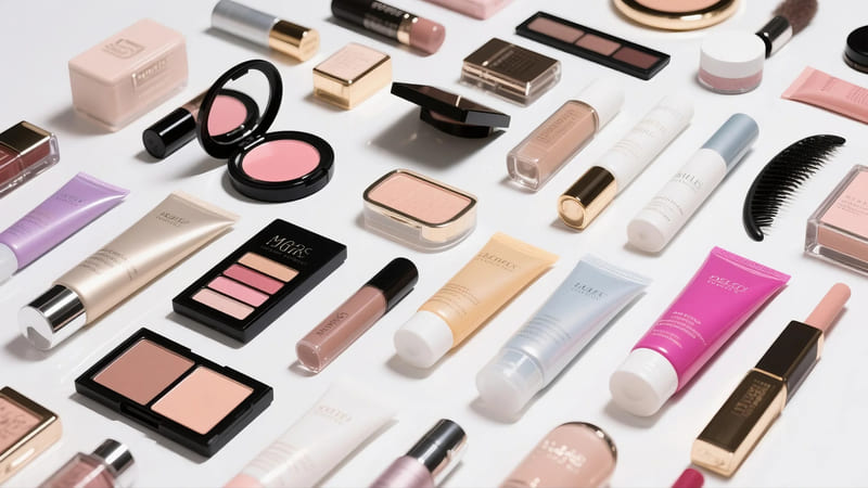 array of various cosmetic items like makeup, skincare, and haircare products