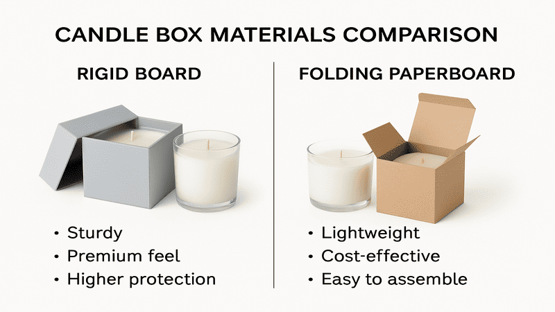 different materials used for candle boxes: rigid board and folding paperboard