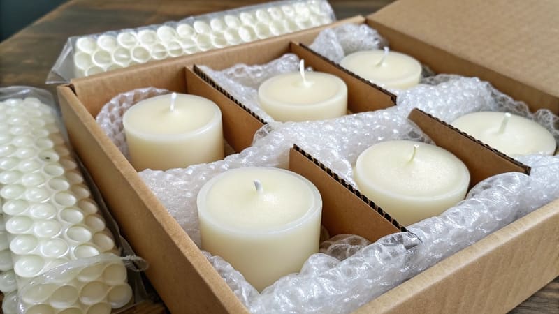 candles being carefully packed for shipping with protective materials