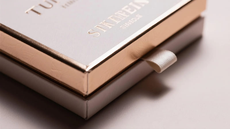 close-up details of a high-quality cosmetic box highlighting material and print