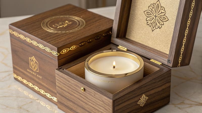 close-up details of a luxurious candle box, highlighting materials and finishes