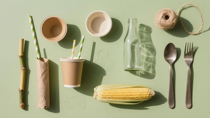 collage of various eco-friendly materials as alternatives to plastic