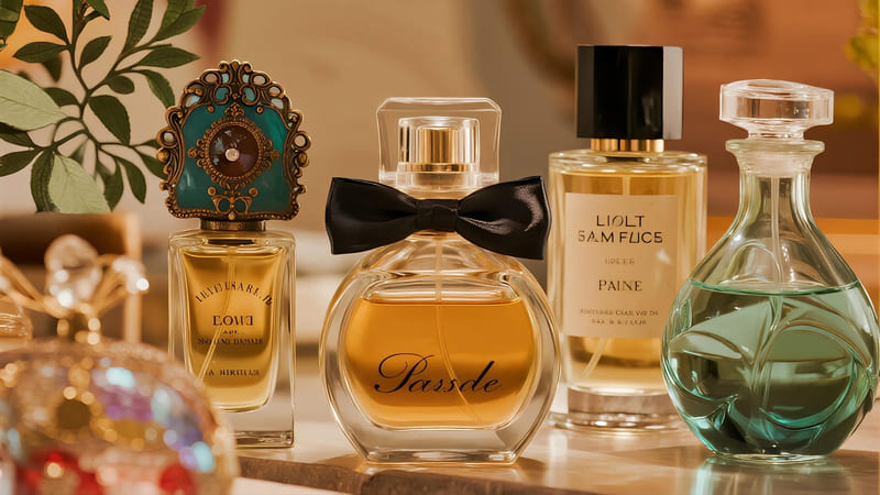 collage of various valuable antique perfume bottles