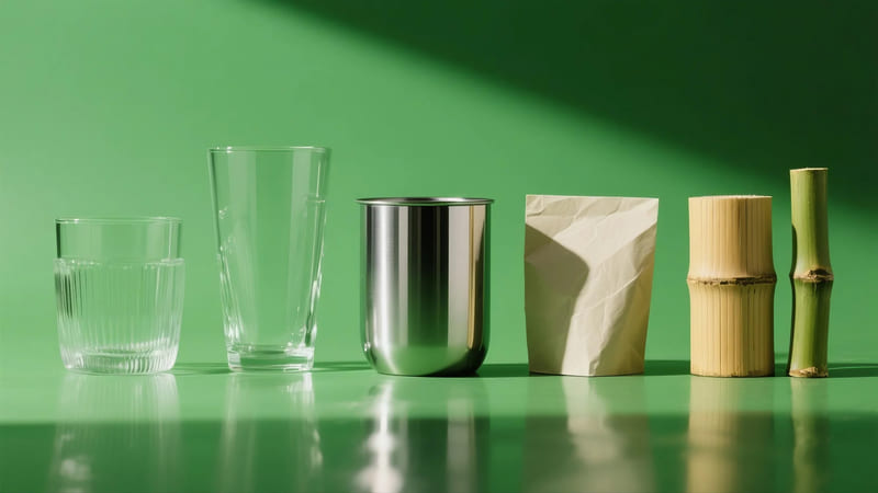 comparison of various alternatives to plastic: glass, stainless steel, paper, bamboo