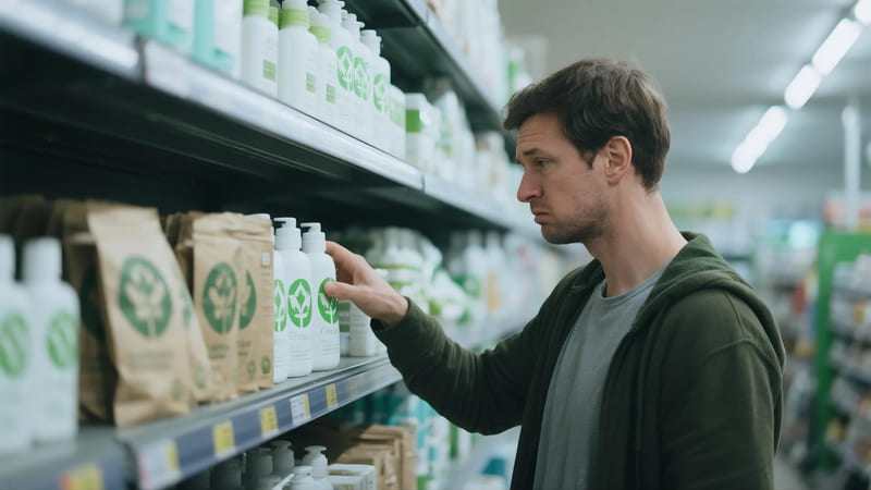 consumer looking confused or frustrated while trying to choose an eco-friendly product