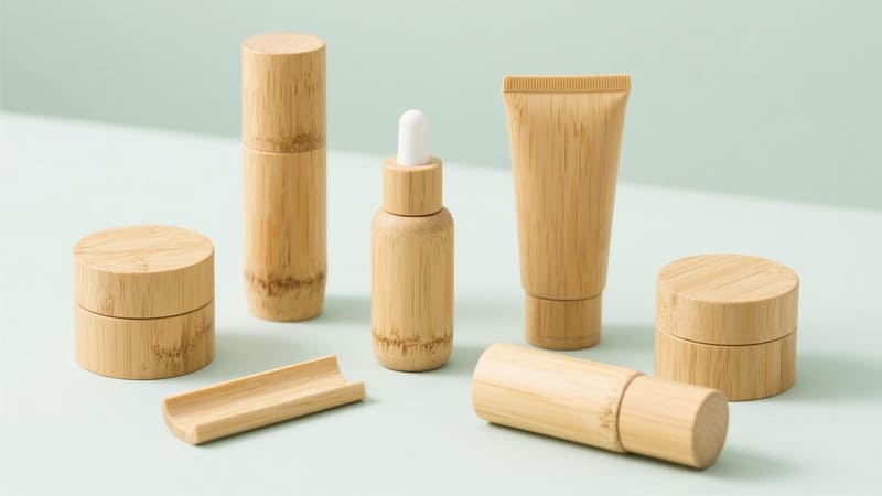 cosmetic packaging components made from bamboo and wood