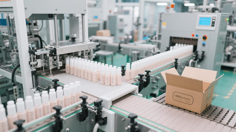 cosmetic packaging production line showing filling, capping, and boxing