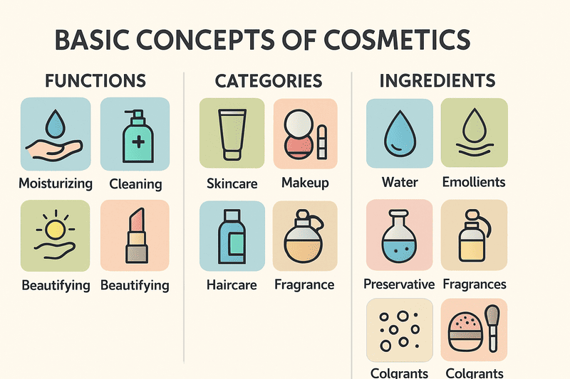 infographic showing basic concepts of cosmetics: functions, categories, ingredients
