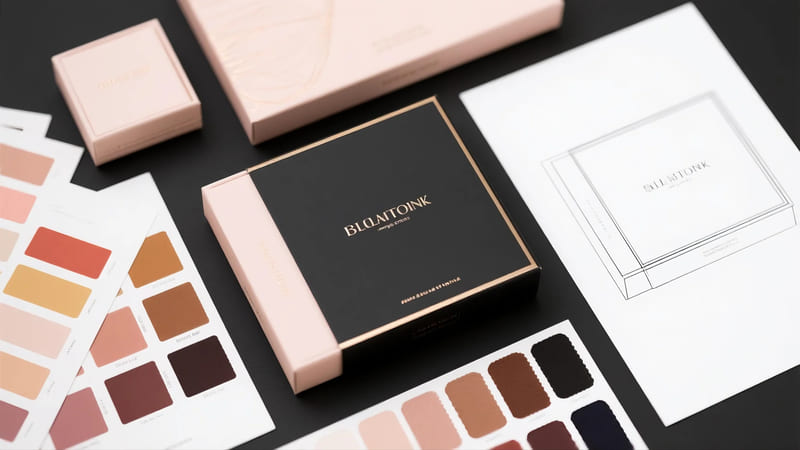 custom cosmetic box design process with swatches and proofs