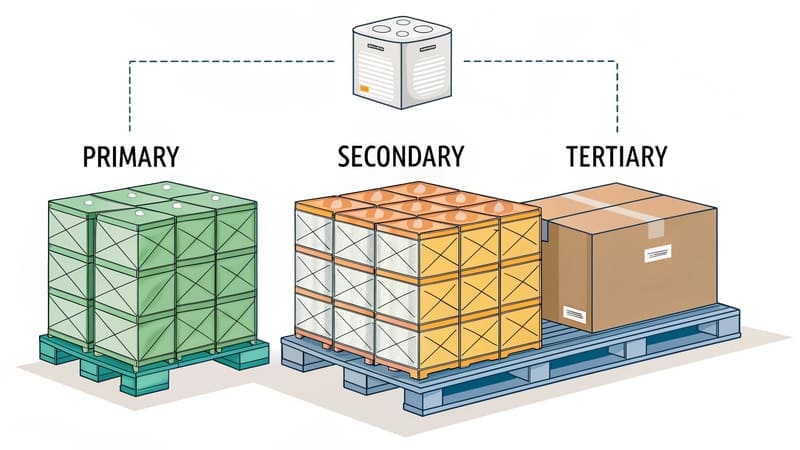 diagram illustrating the different levels of packaging: primary, secondary, tertiary