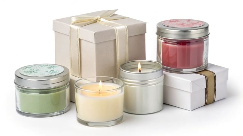 different types of packaging used for candles, including jars, tins, and boxes