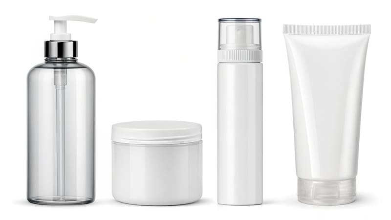 different types of plastic cosmetic packaging: PET bottle, PP jar, LDPE tube