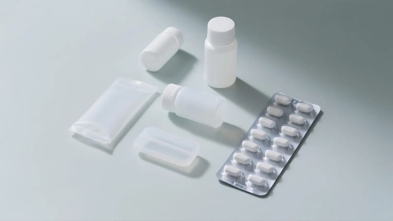 different types of plastic pharmaceutical packaging like HDPE bottles and PVC blister packs