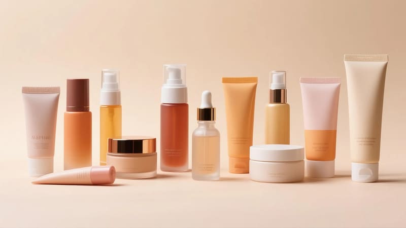diverse skincare packaging options: airless pumps, dropper bottles, jars, tubes