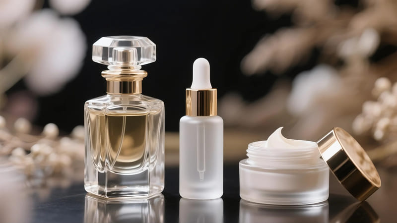 elegant glass cosmetic packaging: perfume bottle, serum dropper bottle, cream jar