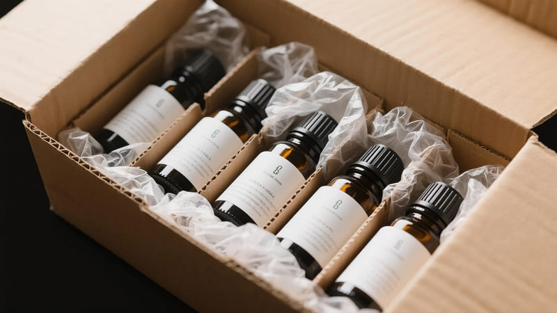 essential oil bottles carefully packed for shipping with protective materials