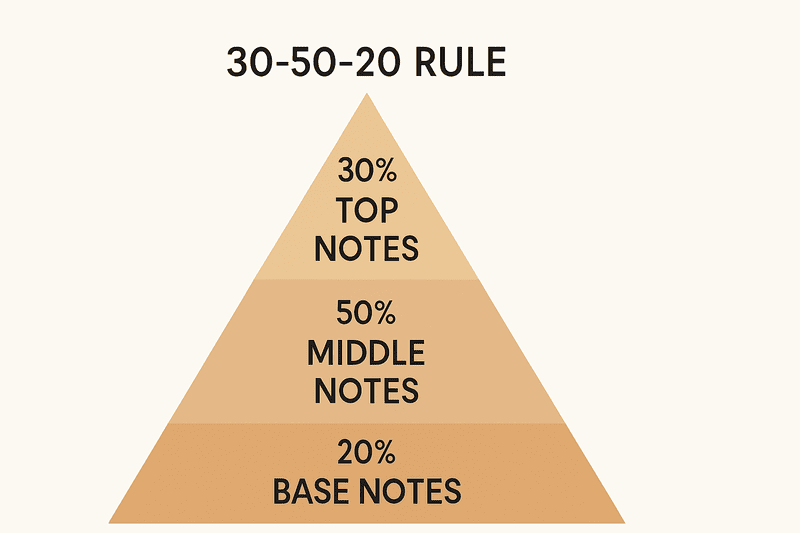 pyramid diagram illustrating the 30-50-20 rule for essential oil blending notes