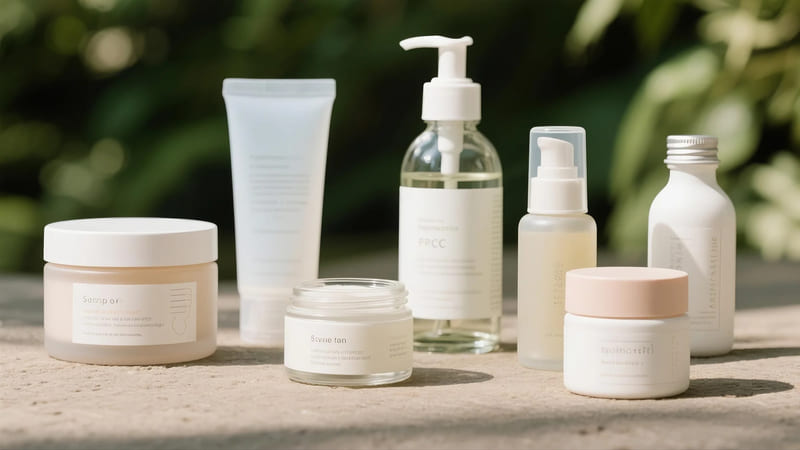 examples of sustainable cosmetic packaging like refillable jars, PCR plastic, and glass bottles