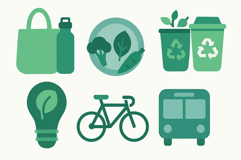 five icons representing key eco-friendly habits