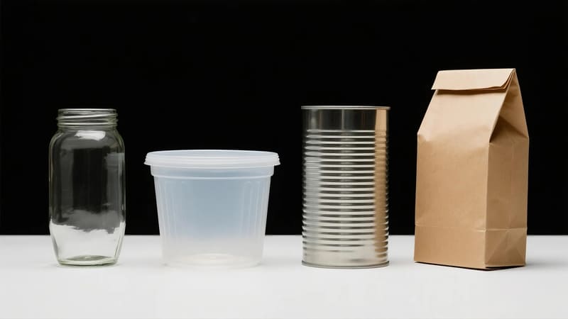 four main types of packaging materials: glass, plastic, metal, paper