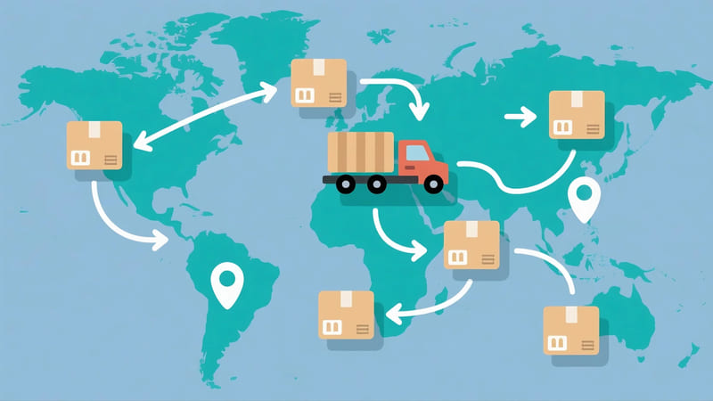global trade routes with icons of packaged goods being transported