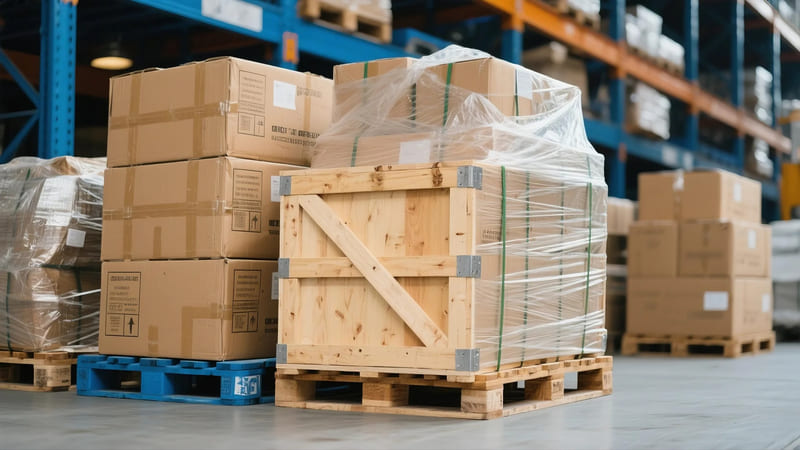 goods packed for export using sturdy tertiary packaging like wooden crates and corrugated cartons on pallets