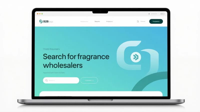 laptop screen showing a search for fragrance wholesalers on a specialized B2B platform or industry directory