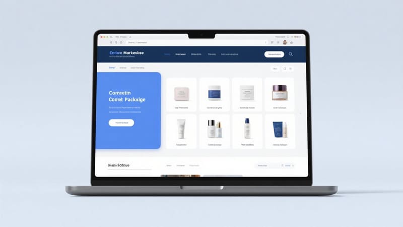 laptop screen showing an online marketplace for cosmetic packaging