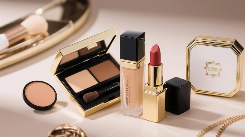 luxurious makeup products like lipstick and foundation with elegant packaging