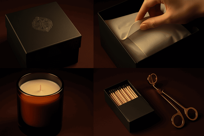 luxurious unboxing experience of a candle with multiple layers and details